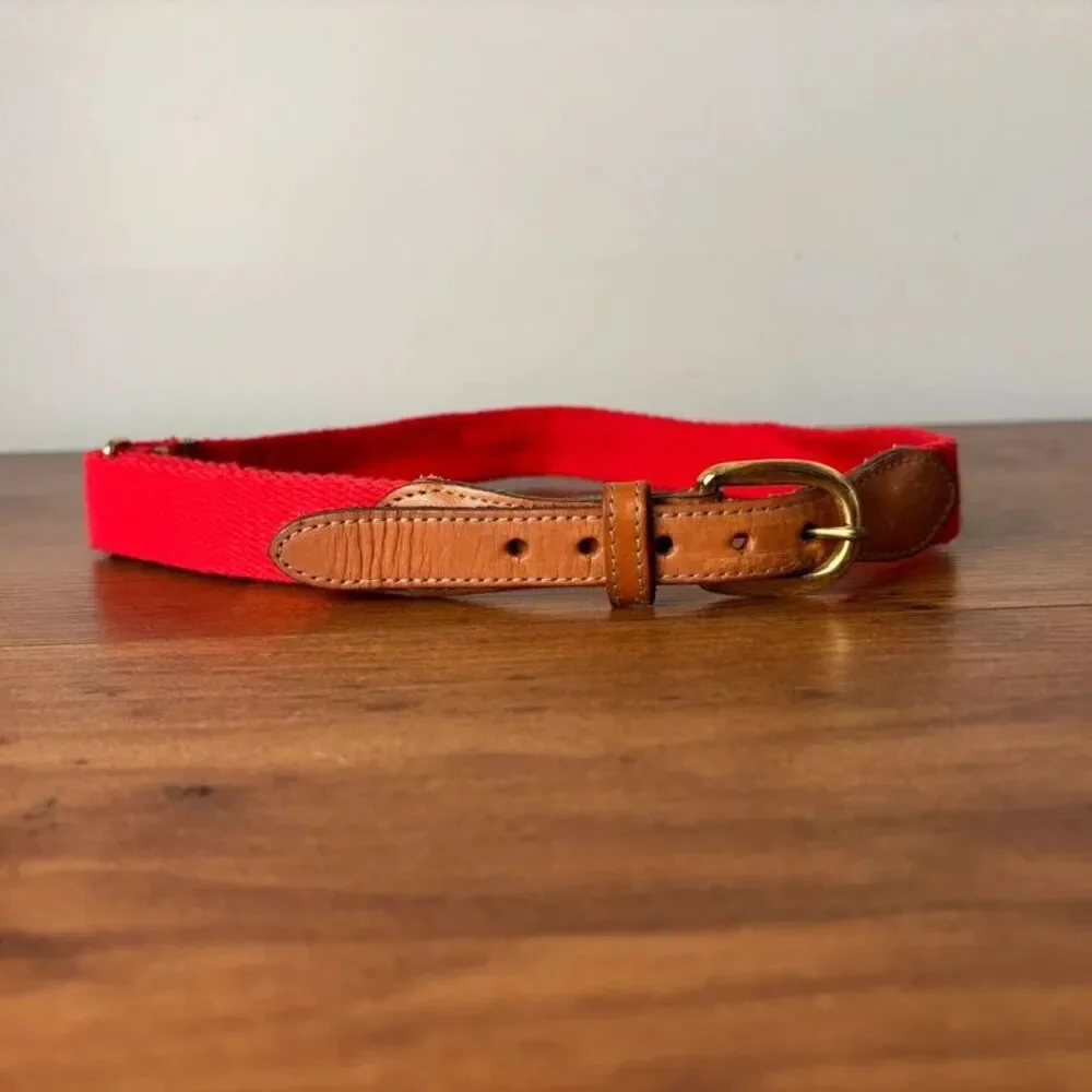 Lands' End VTG 90s Red Canvas Leather Trim Belt Solid Brass Buckle Youth M